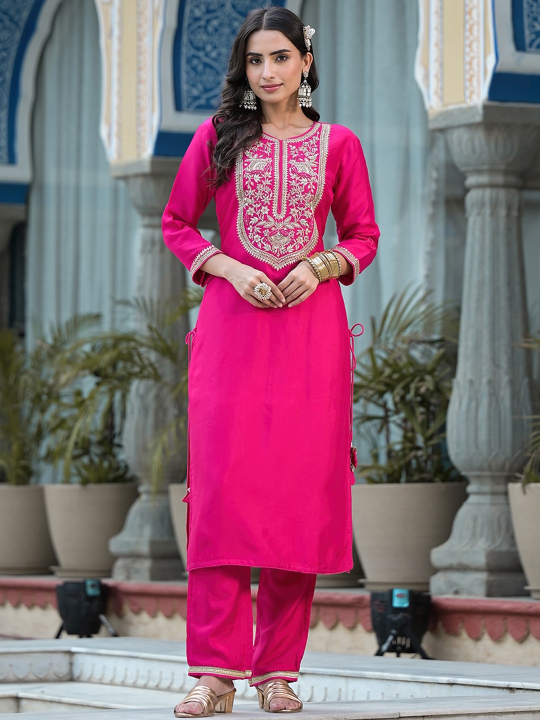 Chandbaali Floral Embroidered Sequined Pure Silk Kurta With Palazzos & Dupatta, Pink
Chandbaali Floral Embroidered Sequined Pure Silk Kurta With Palazzos & Dupatta, Pink