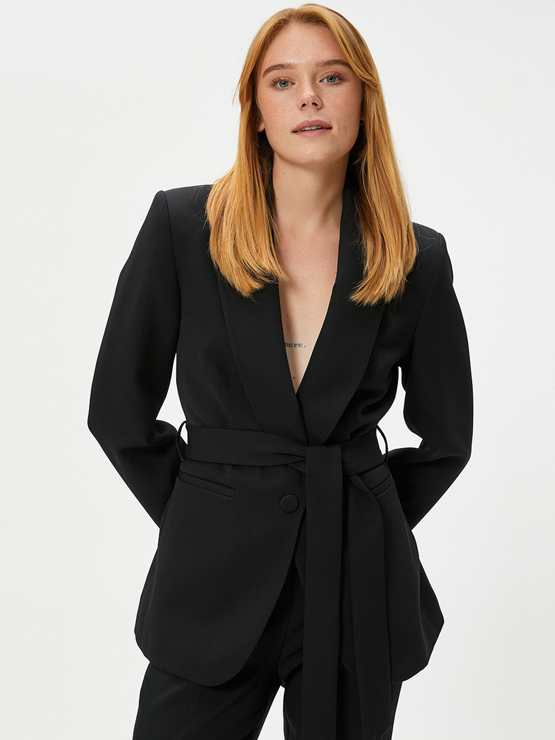 Koton Notched Lapel Belted Blazer, Black 
Koton Notched Lapel Belted Blazer, Black