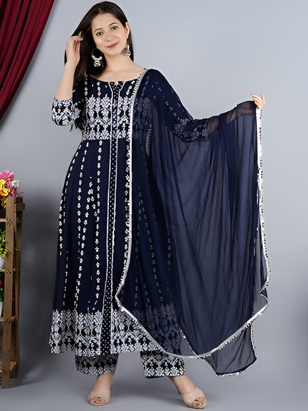 Subh LAXMI Floral Embroidered Notch Neck Regular Thread Work Kurta with Trousers & Dupatta, Blue
Subh LAXMI Floral Embroidered Notch Neck Regular Thread Work Kurta with Trousers & Dupatta, Blue