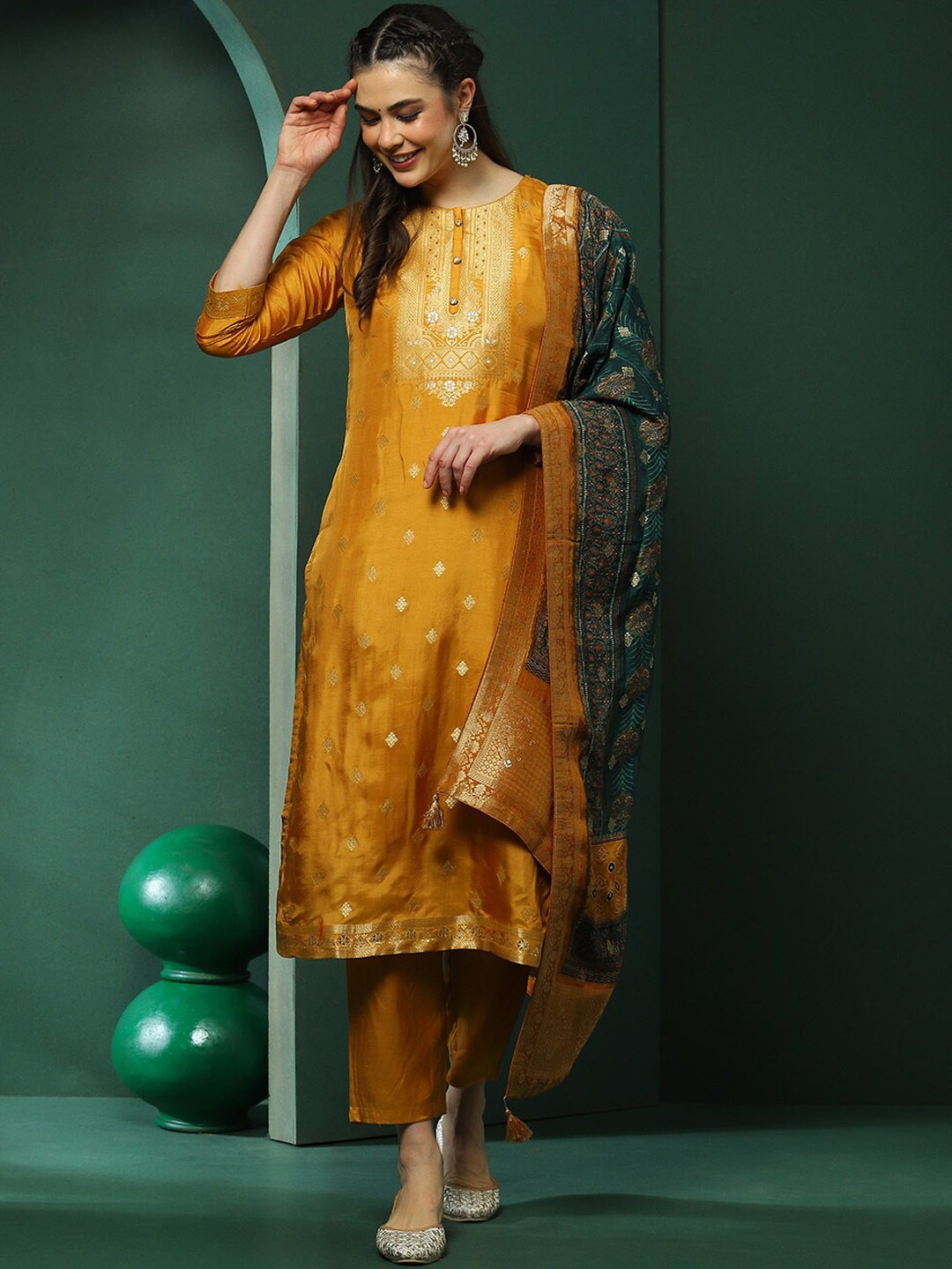 AKS Couture Ethnic Motifs Woven Design Jacquard Kurta With Trouser & Dupatta, Mustard
AKS Couture Ethnic Motifs Woven Design Jacquard Kurta With Trouser & Dupatta, Mustard
