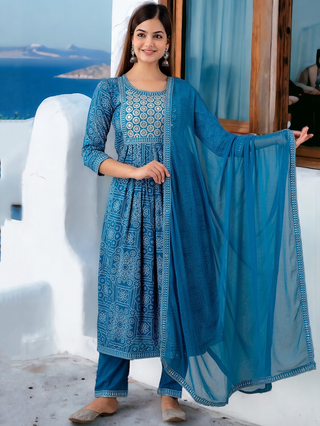 Chandbaali Bandhani Printed Pleated Thread Work Anarkali Kurta with Trousers & Dupatta, Blue
Chandbaali Bandhani Printed Pleated Thread Work Anarkali Kurta with Trousers & Dupatta, Blue