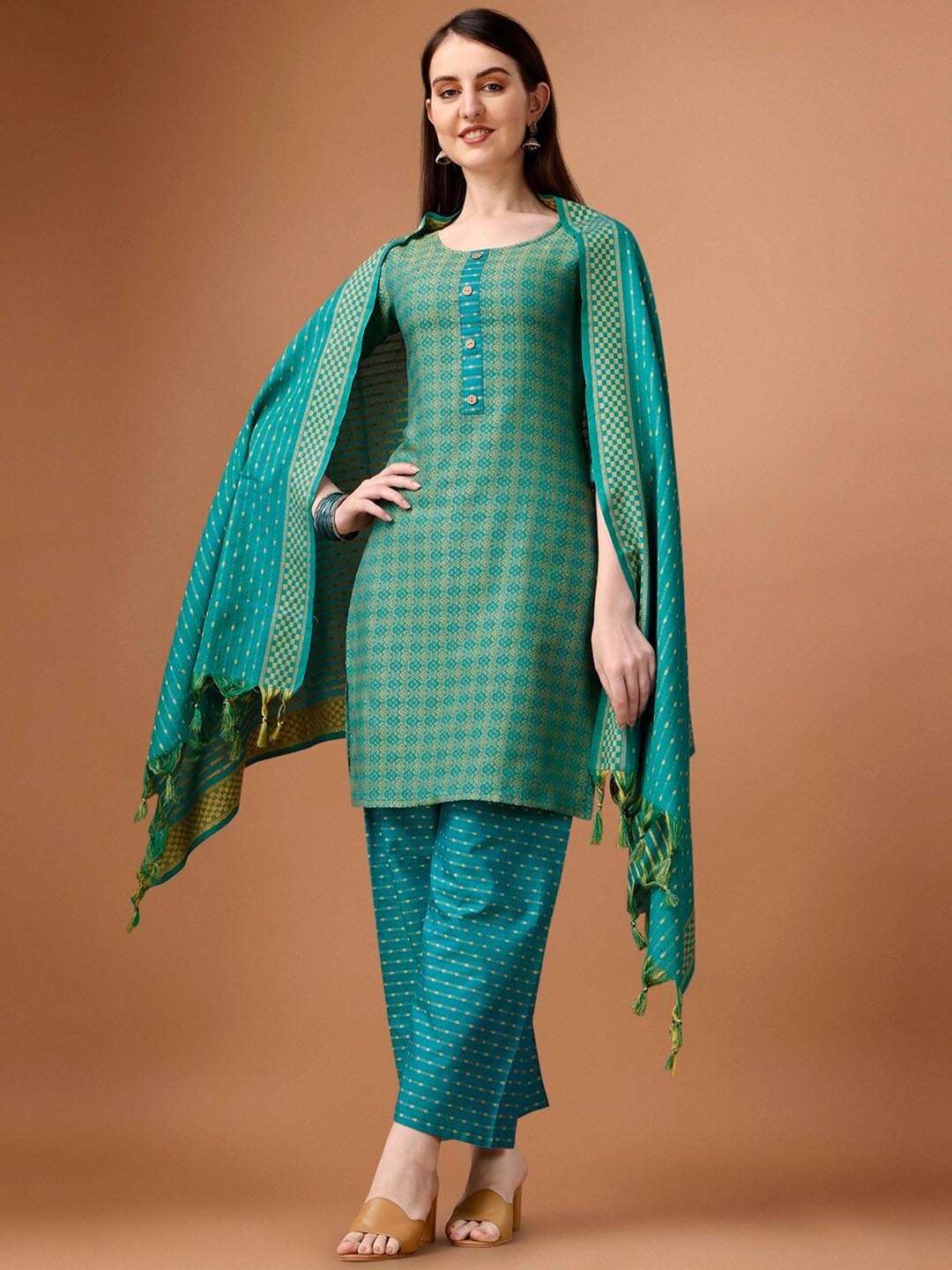 CaniBani Woven Design Regular Pure Cotton Straight Kurta with Trousers & Dupatta, Green
CaniBani Woven Design Regular Pure Cotton Straight Kurta with Trousers & Dupatta, Green