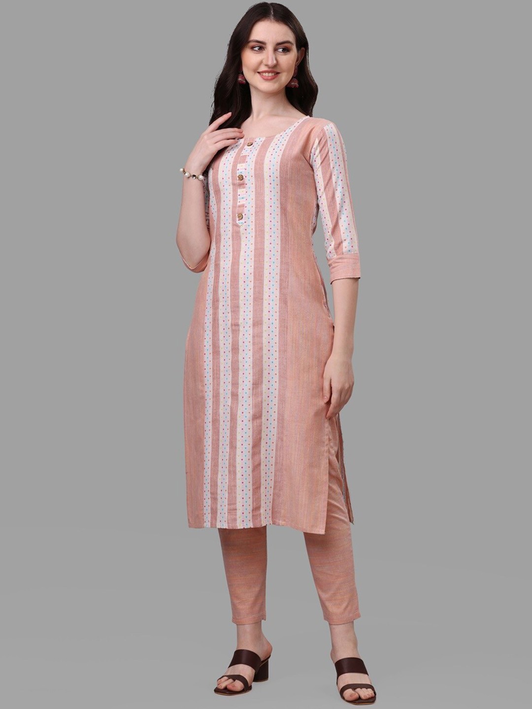 CaniBani Striped Printed Regular Pure Cotton Straight Kurta with Trousers & Dupatta, Peach
CaniBani Striped Printed Regular Pure Cotton Straight Kurta with Trousers & Dupatta, Peach