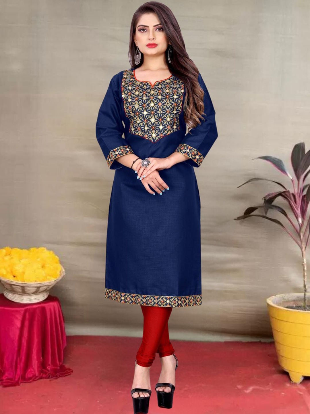 MAGMINA Ethnic Motifs Embroidered Mirror Work Notch Neck Regular Straight Kurta, Blue
MAGMINA Ethnic Motifs Embroidered Mirror Work Notch Neck Regular Straight Kurta, Blue