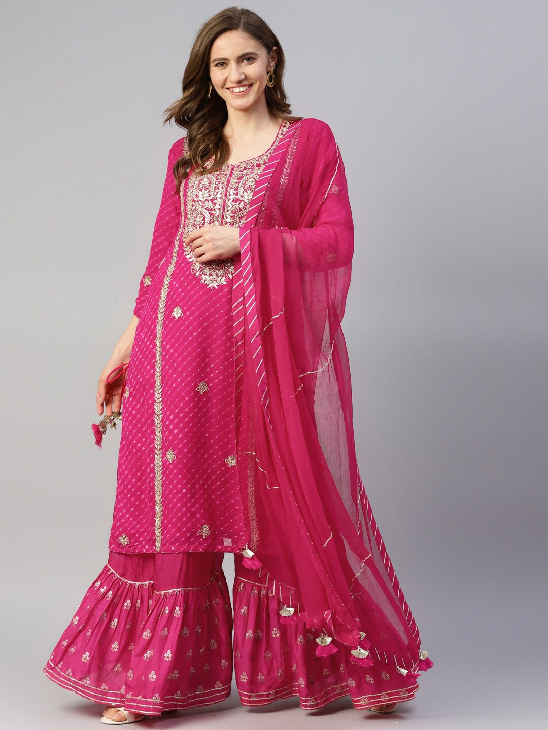 Chandbaali Leheriya Embroidered Zardozi Silk Georgette Kurta With Sharara & Dupatta, Pink
Chandbaali Leheriya Embroidered Zardozi Silk Georgette Kurta With Sharara & Dupatta, Pink