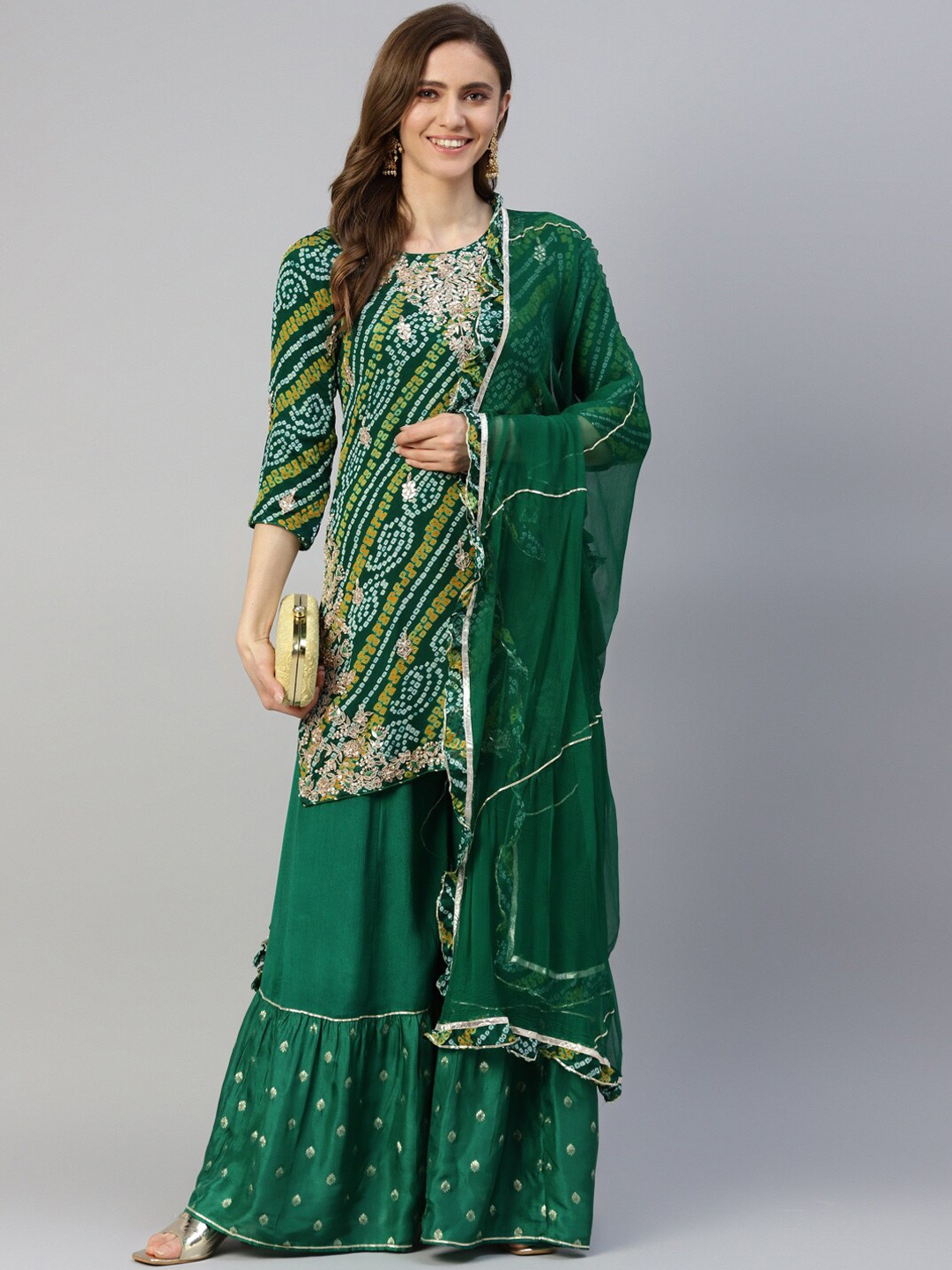 Chandbaali Bandhani Embroidered Regular Zardozi Silk Chiffon Kurta With Sharara & Dupatta, Green