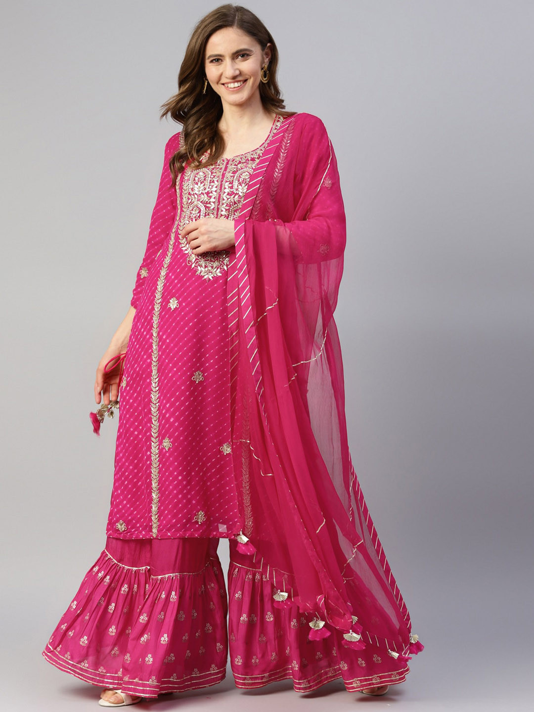 Chandbaali Leheriya Embroidered Zardozi Silk Georgette Kurta With Sharara & Dupatta, Pink 
Chandbaali Leheriya Embroidered Zardozi Silk Georgette Kurta With Sharara & Dupatta, Pink