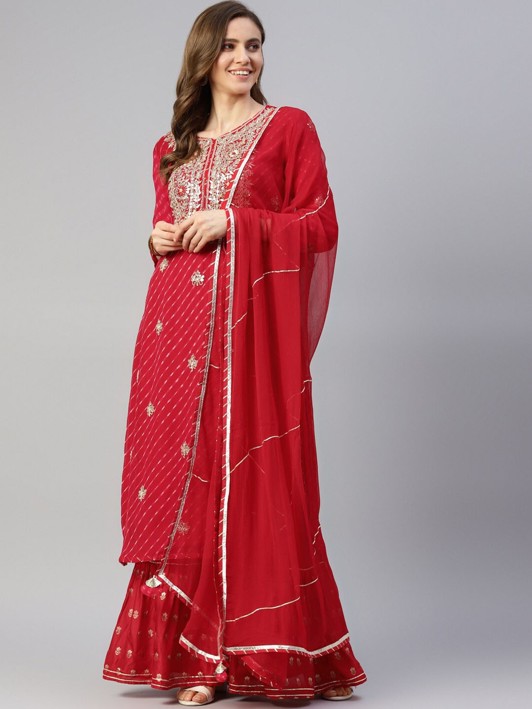 Chandbaali Leheriya Embroidered Zardozi Silk Georgette Kurta With Sharara & Dupatta, Red
Chandbaali Leheriya Embroidered Zardozi Silk Georgette Kurta With Sharara & Dupatta, Red