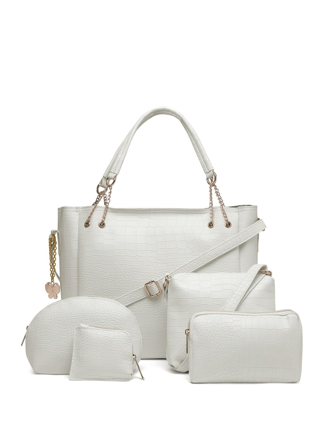 Butterflies Pack of 5 Textured Oversized Swagger Satchel Handbag, White