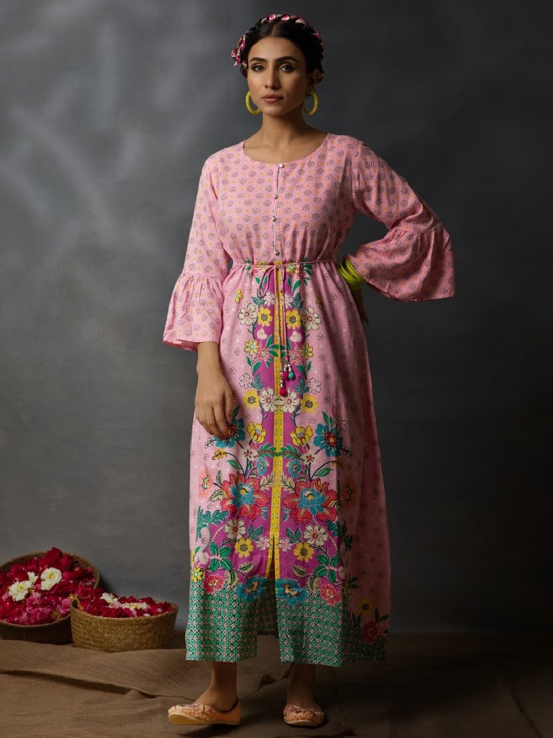 Juniper Floral Printed Round neck Flared Sleeves Dress, Pink