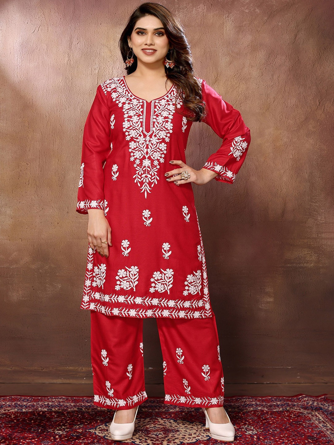 FABMORA Floral Embroidered Round Neck Three-Quarter Sleeves Chikankari Kurta with Palazzos, Red
FABMORA Floral Embroidered Round Neck Three-Quarter Sleeves Chikankari Kurta with Palazzos, Red