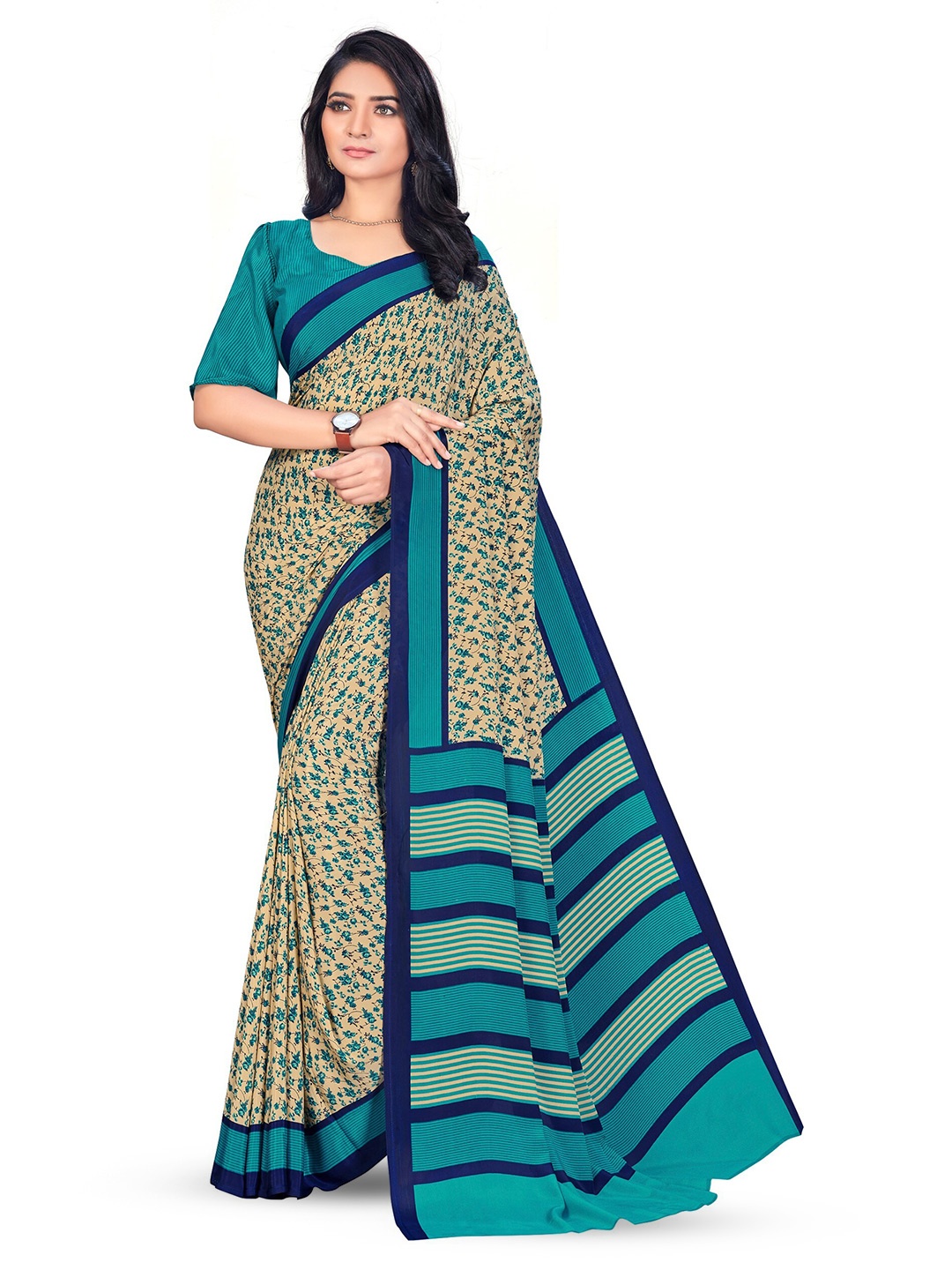 VIMLA Floral Printed Pure Crepe Mysore Silk Saree, Beige