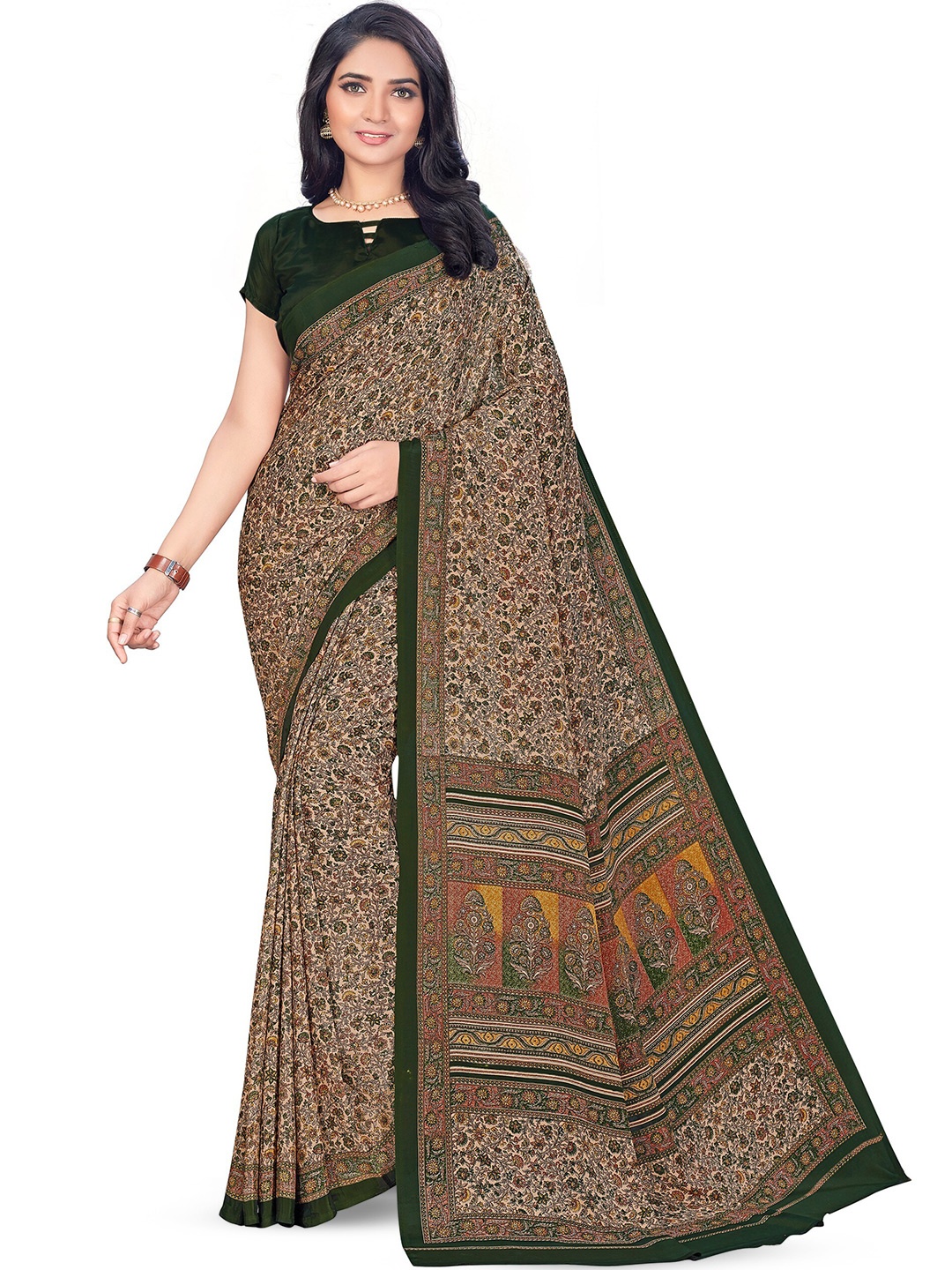 VIMLA Floral Printed Pure Crepe Mysore Silk Saree, Green
