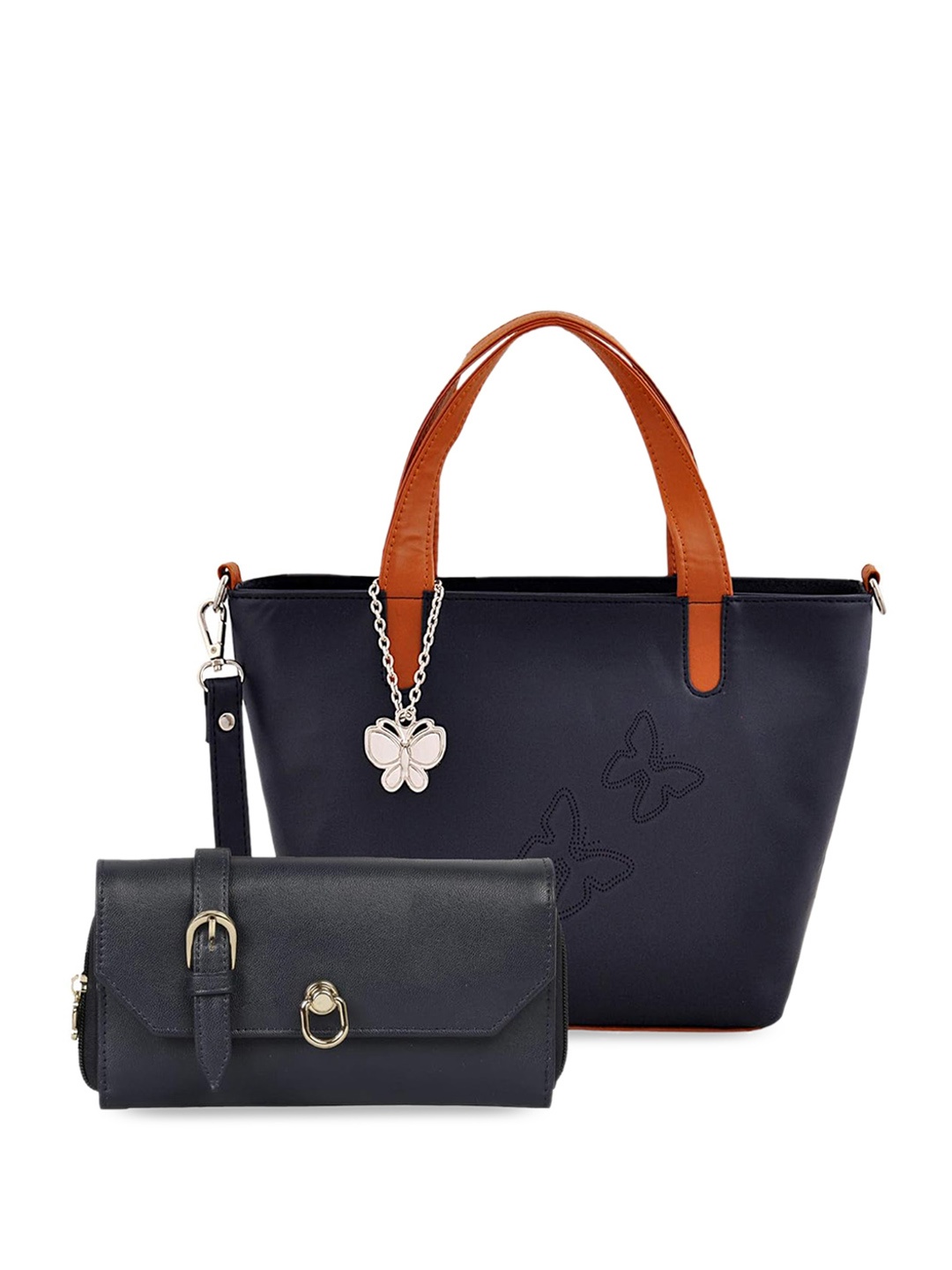Butterflies Structured Handheld Bag with Wallet, Blue