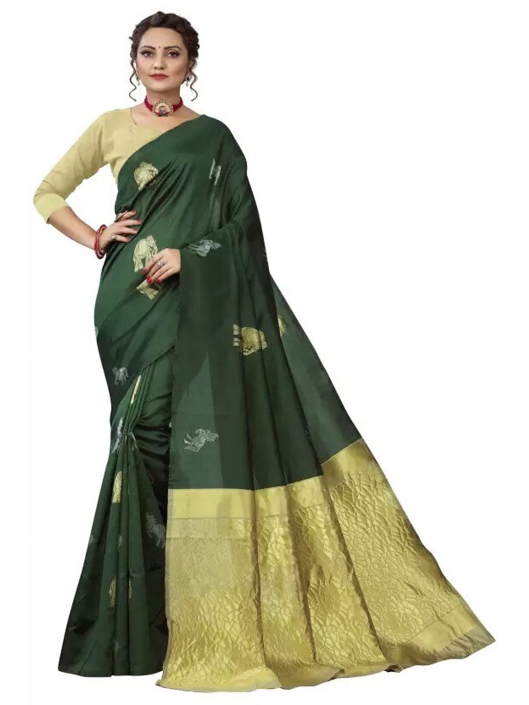 DIVASTRI Woven Design Zari Pure Silk Kanjeevaram Saree, Green