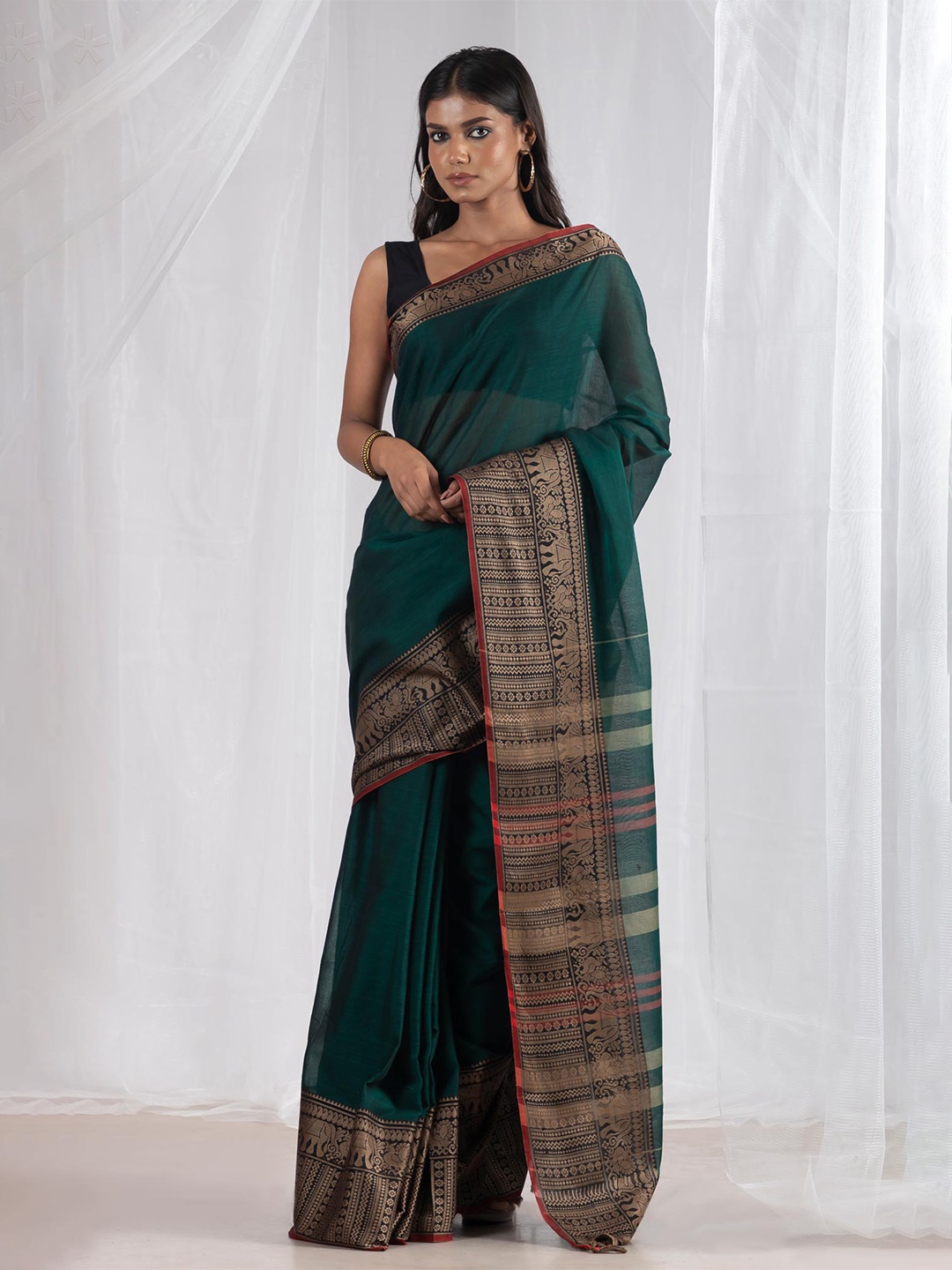 Unnati Silks Zari Pure Cotton Narayan Peth Saree, Green