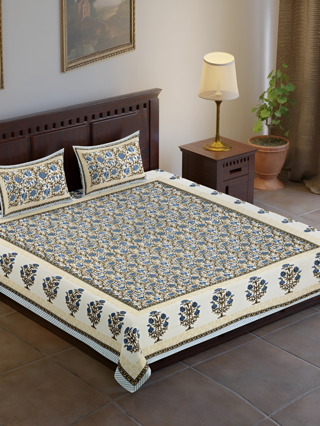 UBANIA COLLECTION Brown & Blue Floral Cotton 120 TC King Bedsheet with 2 Pillow Covers
UBANIA COLLECTION Brown & Blue Floral Cotton 120 TC King Bedsheet with 2 Pillow Covers