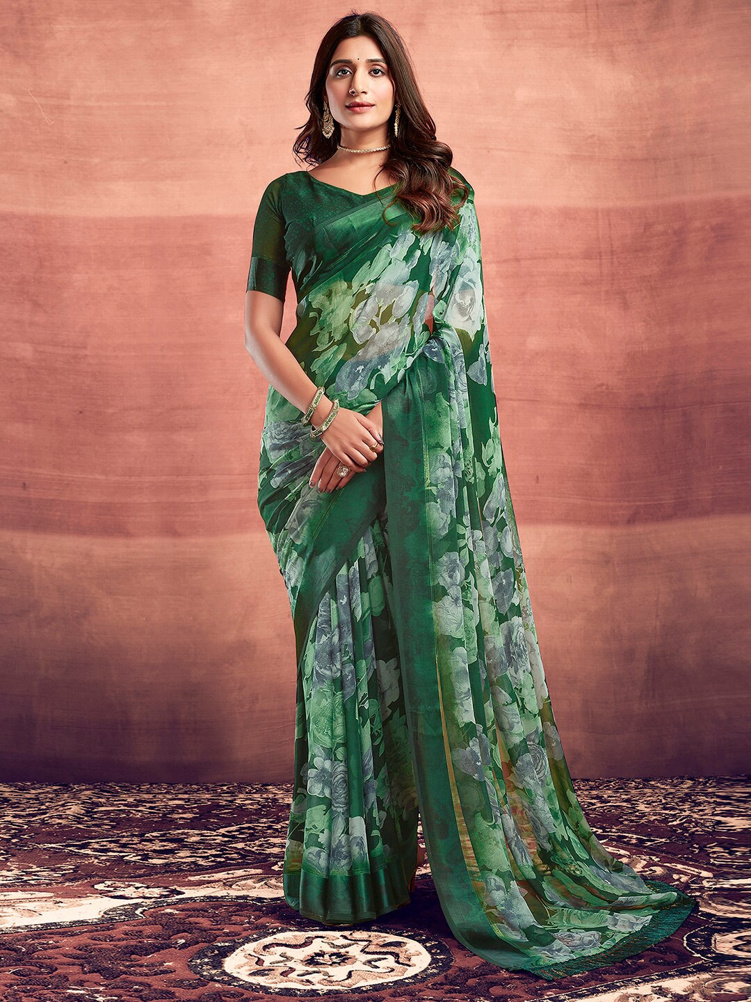 Satrani Green Floral Printed Maheshwari Saree