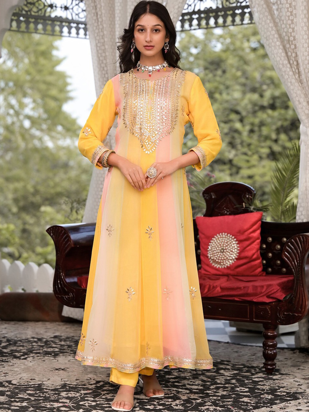 Divena Ethnic Motifs Embroidered Regular Gotta Patti Kurta with Trousers & Dupatta, Yellow
Divena Ethnic Motifs Embroidered Regular Gotta Patti Kurta with Trousers & Dupatta, Yellow