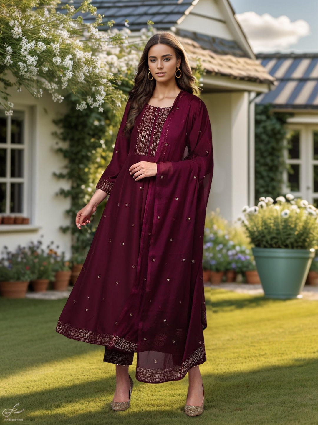KALINI Ethnic Motifs Yoke Design Empire Thread Work Kurta with Trousers & Dupatta, Burgundy
KALINI Ethnic Motifs Yoke Design Empire Thread Work Kurta with Trousers & Dupatta, Burgundy