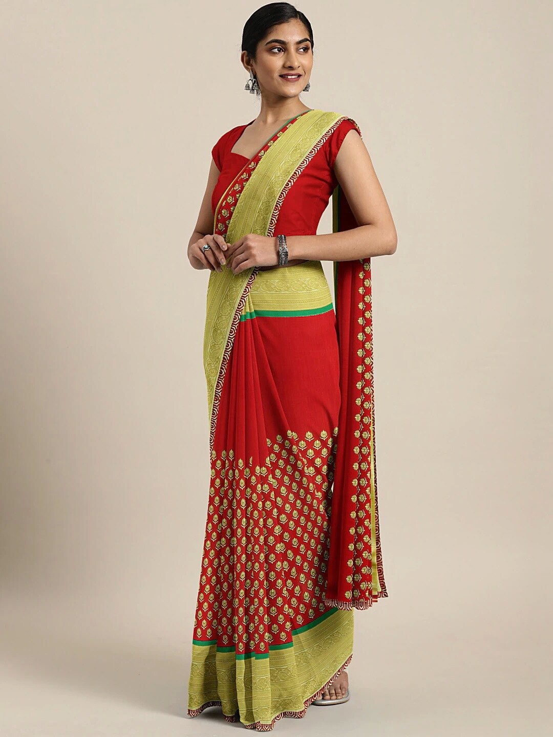 KALINI Floral Printed Poly Georgette Saree, Red
