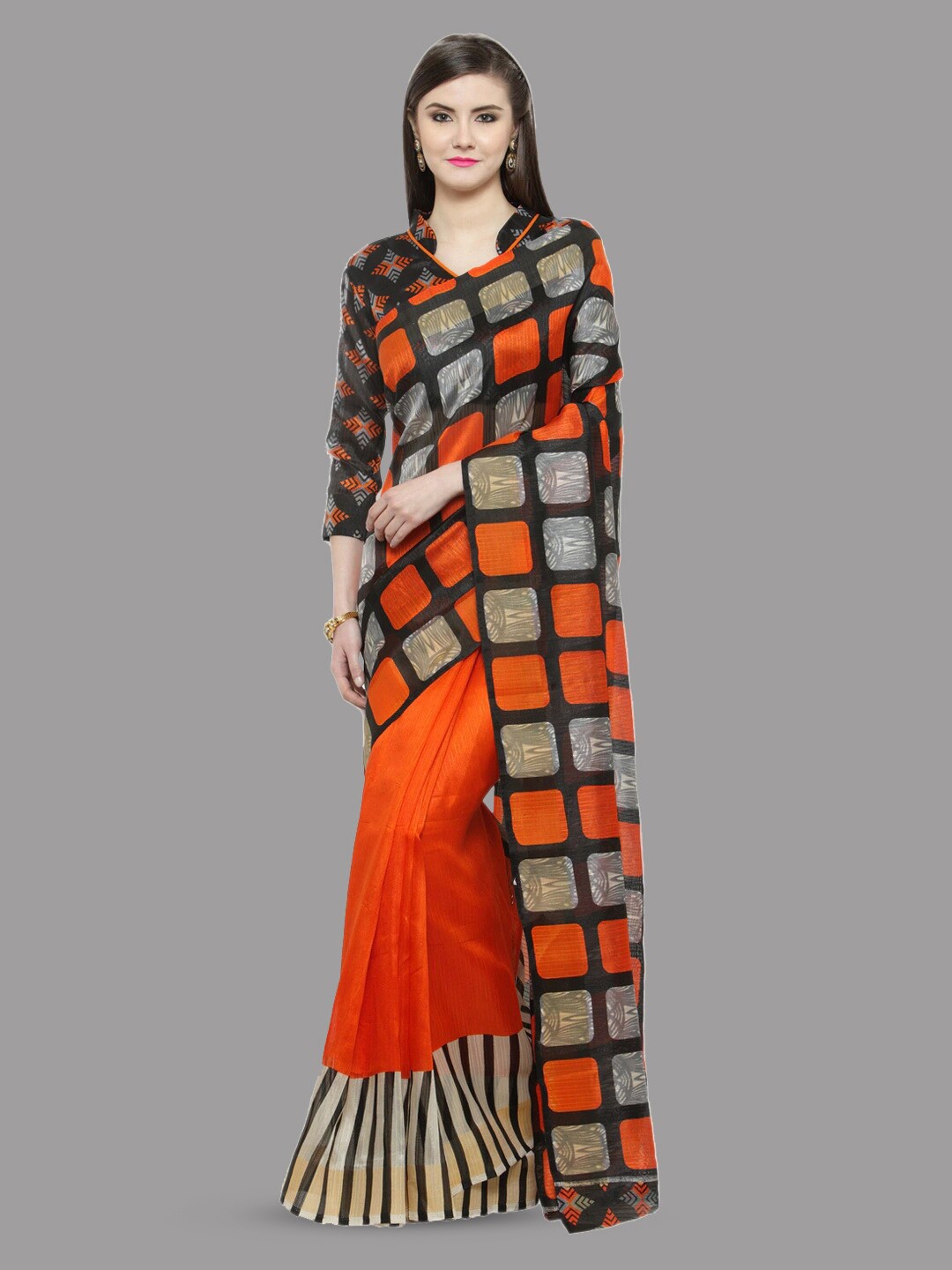 KALINI Geometric Printed Saree, Orange
