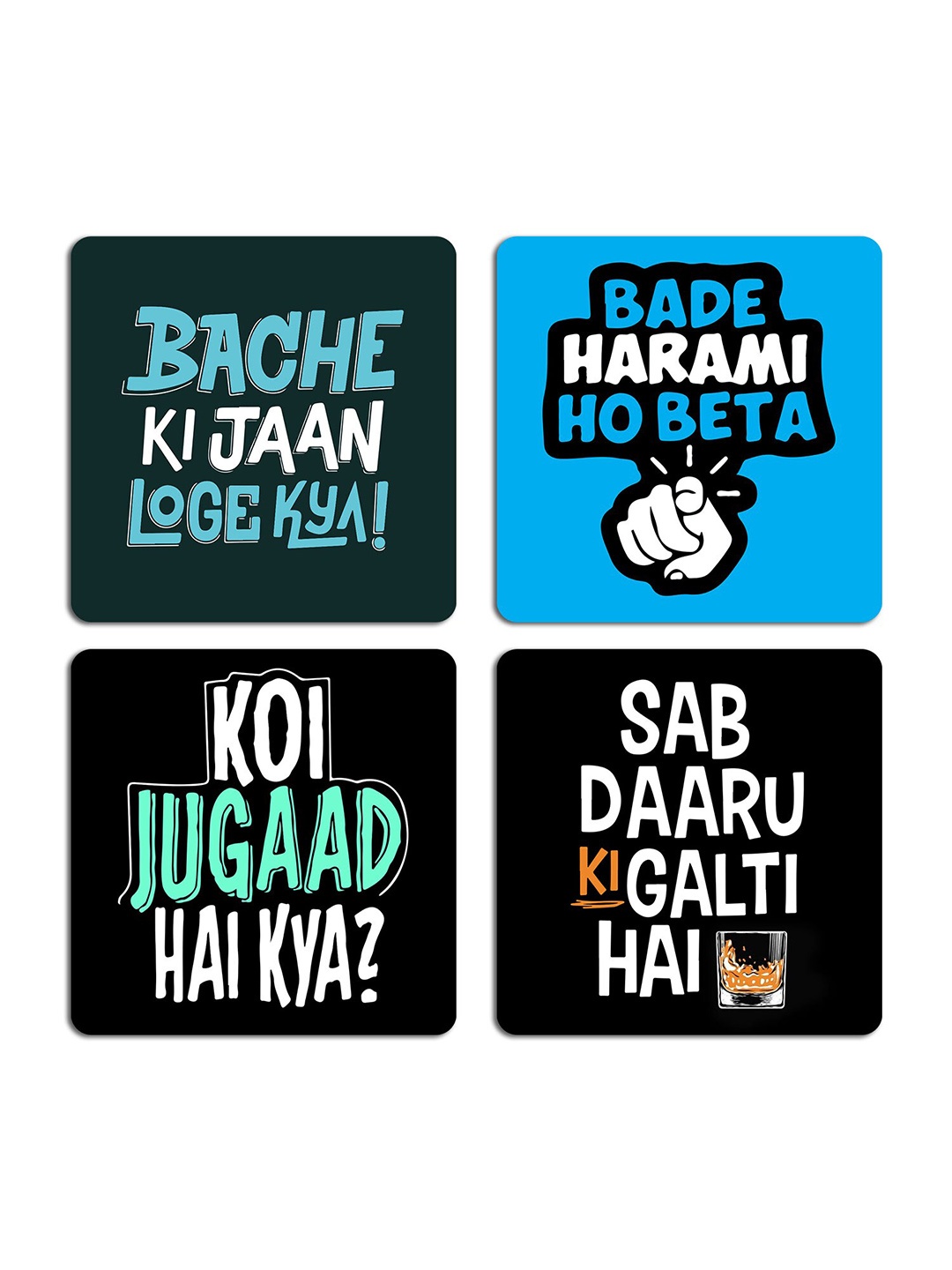 ASHVAH Blue & Black 4 Pieces Printed Square Wooden Coasters
