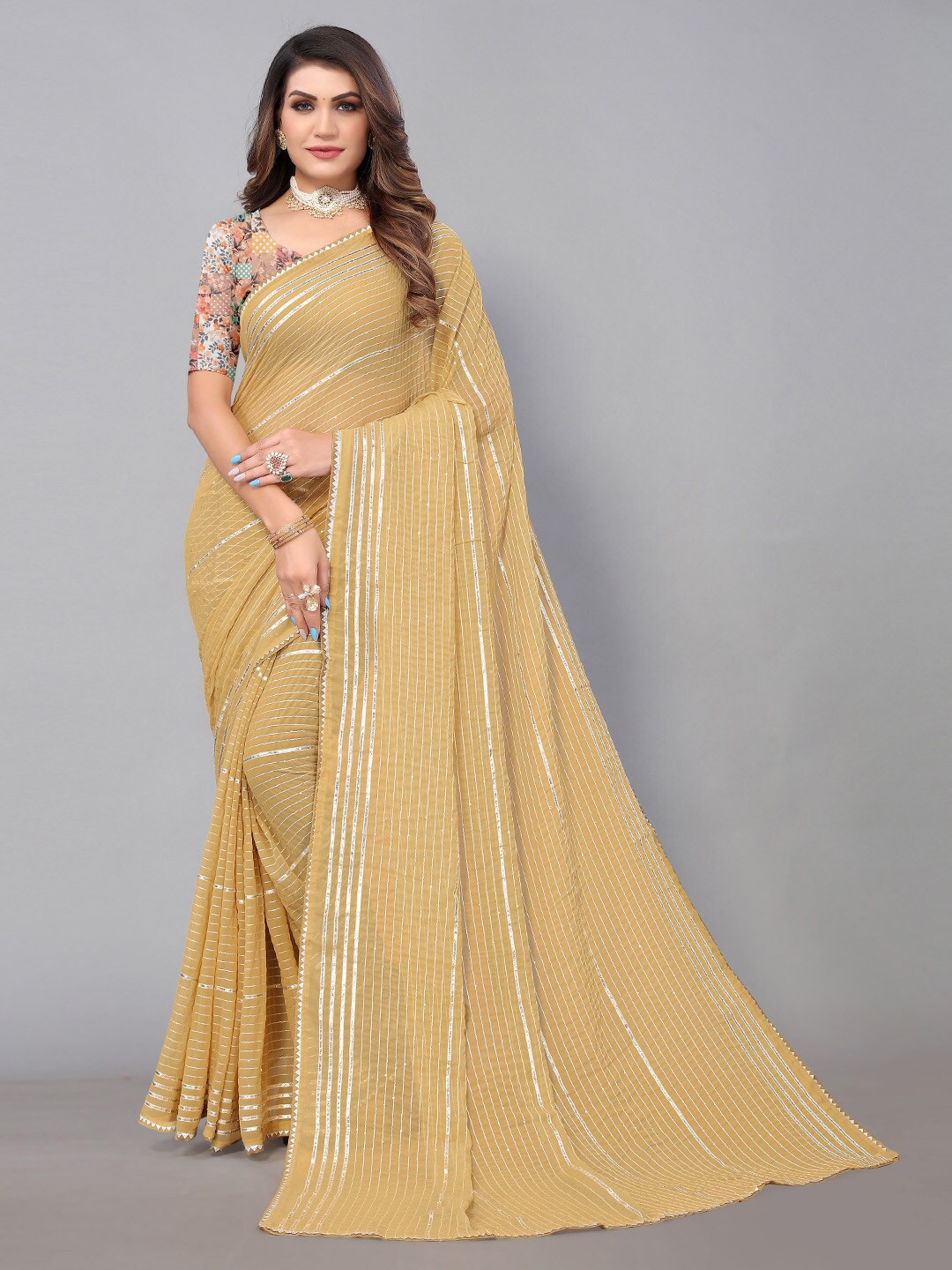 KALINI Striped Gotta Patti Saree, Cream