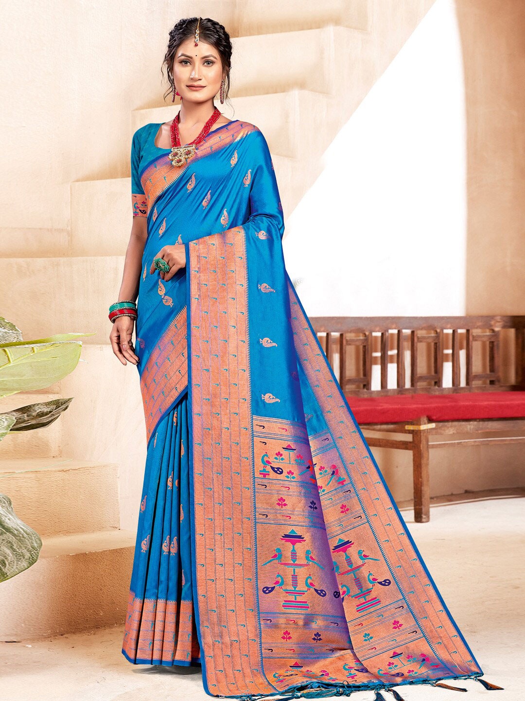 Mitera Ethnic Motifs Woven Design Zari Paithani Saree, Blue