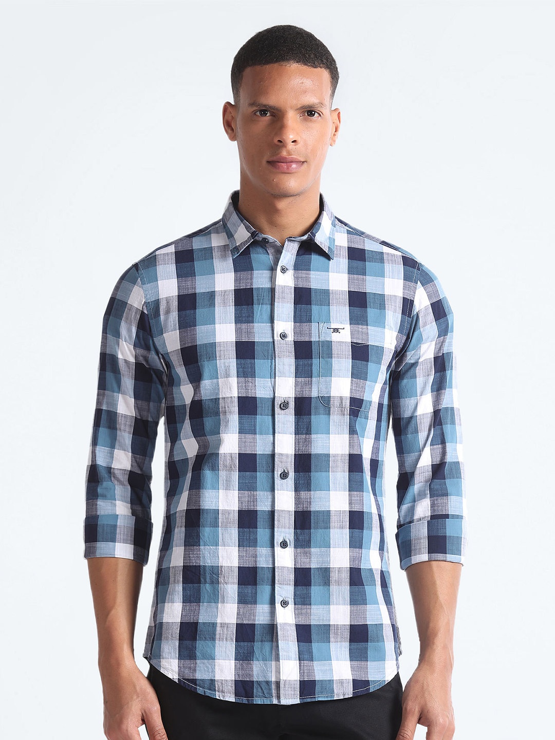 Flying Machine Spread Collar Slim Fit Opaque Checked Cotton Casual Shirt, Blue
Flying Machine Spread Collar Slim Fit Opaque Checked Cotton Casual Shirt, Blue