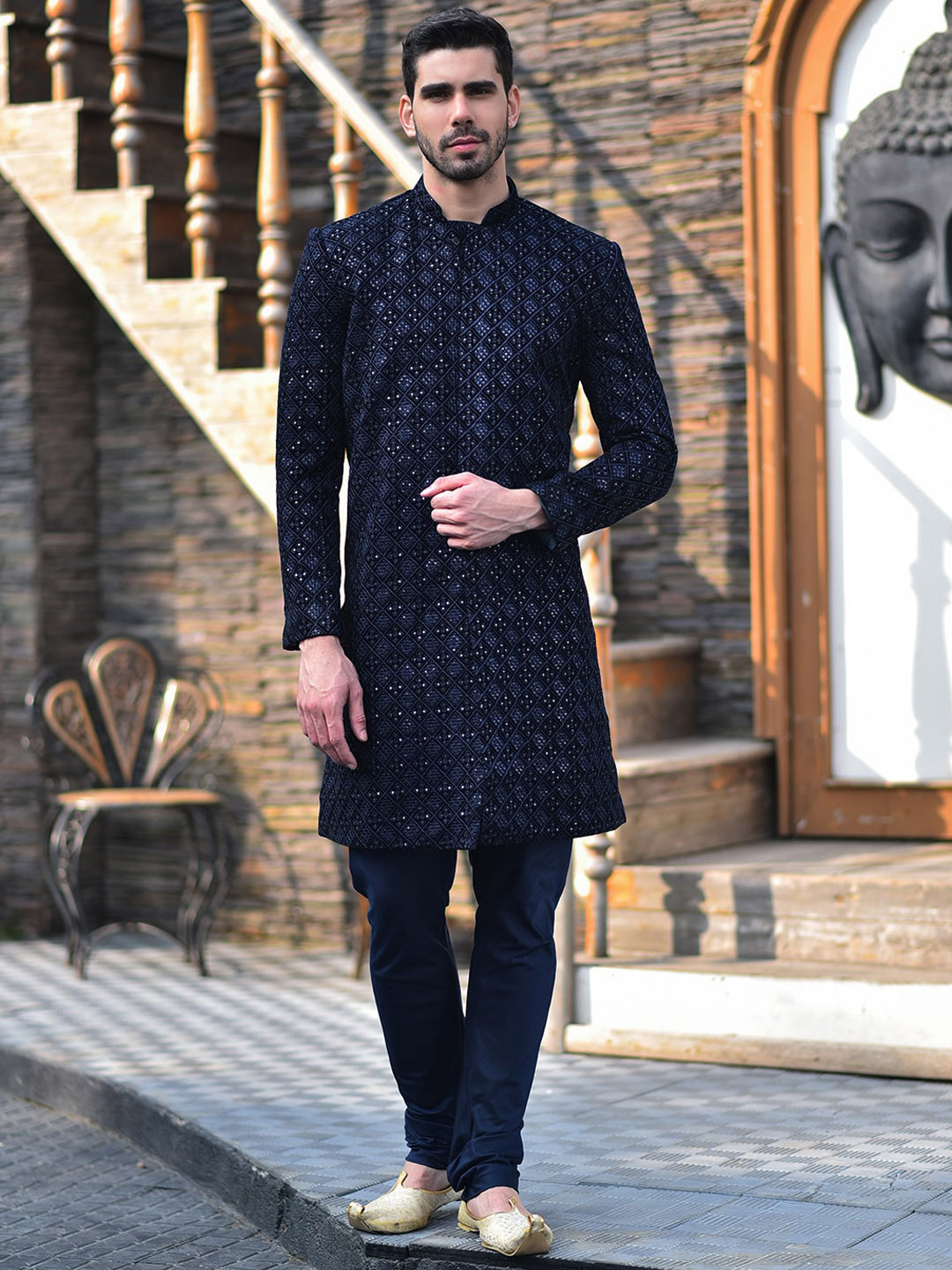 HOUSE OF DEYANN Embroidered Sequined Velvet Sherwani With Churidar, Navy blue
HOUSE OF DEYANN Embroidered Sequined Velvet Sherwani With Churidar, Navy blue