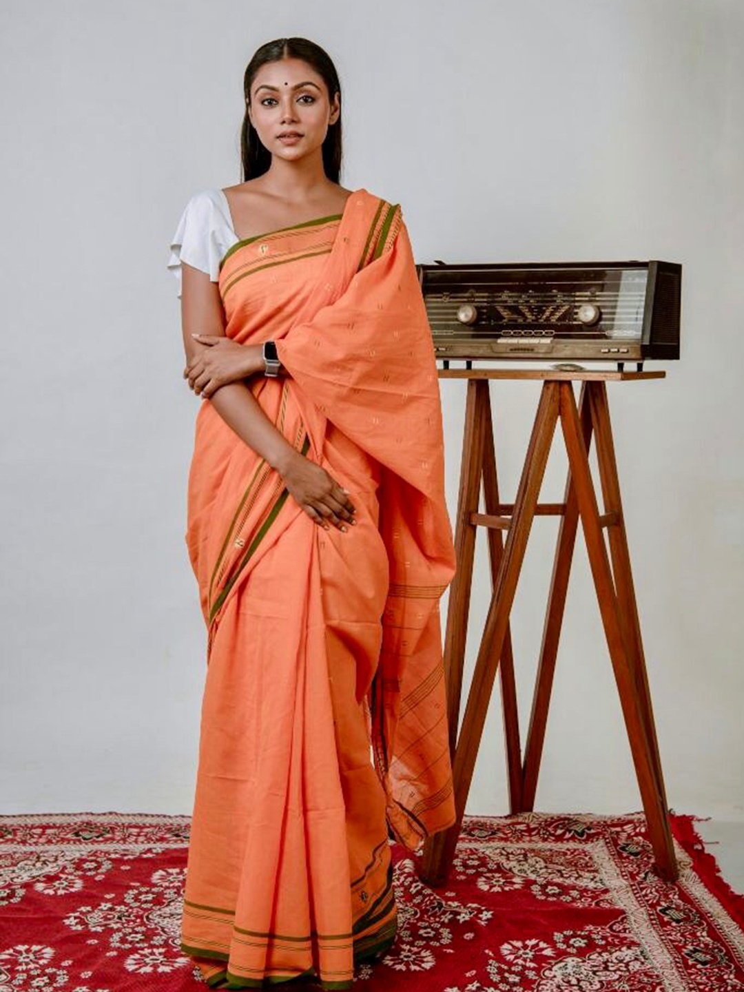 HUTS AND LOOMS Ethnic Woven Design Zari Pure Cotton Saree, Orange