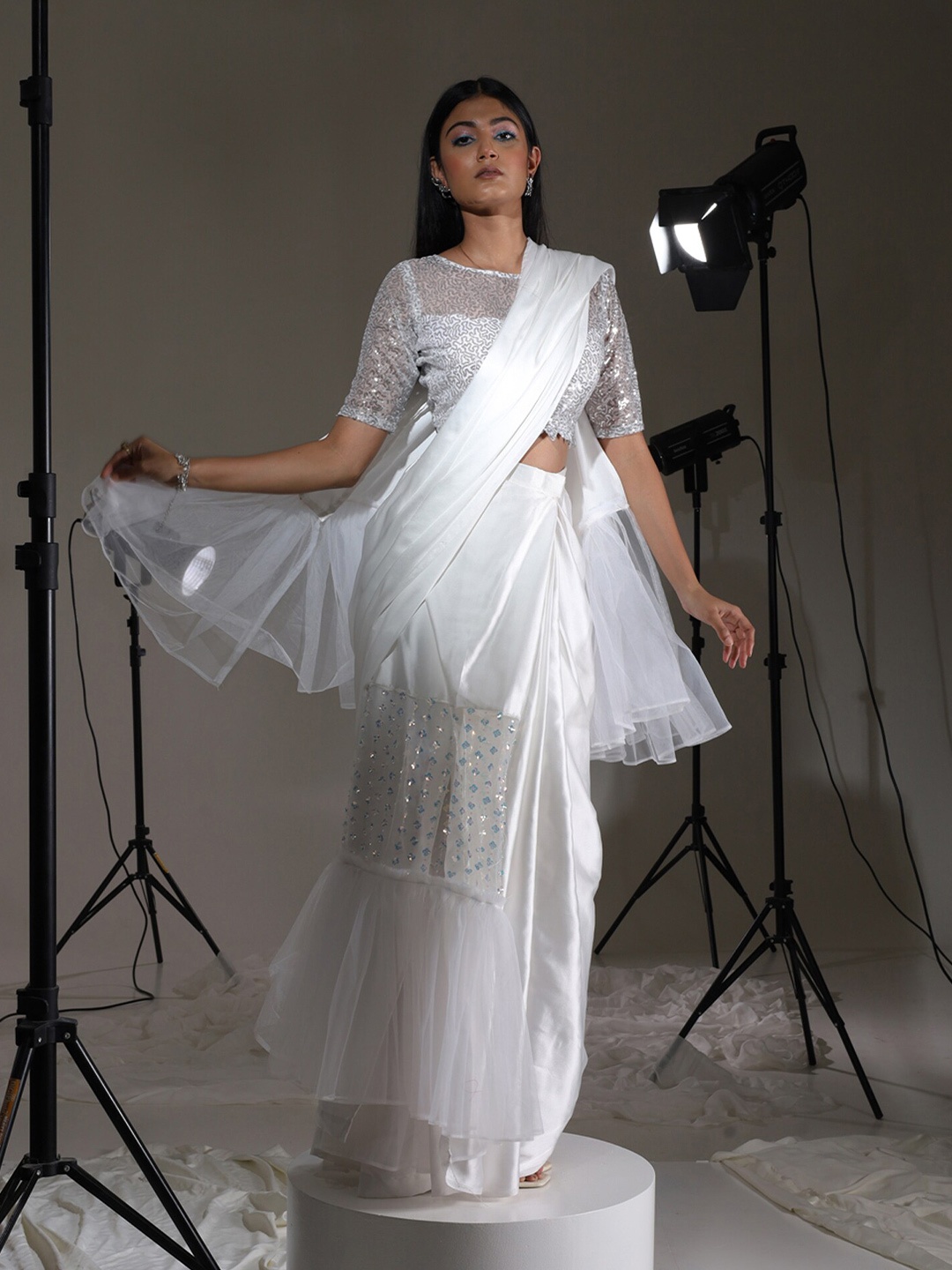 Tikhi Imli Embroidered Sequined Ready to Wear Saree, White
