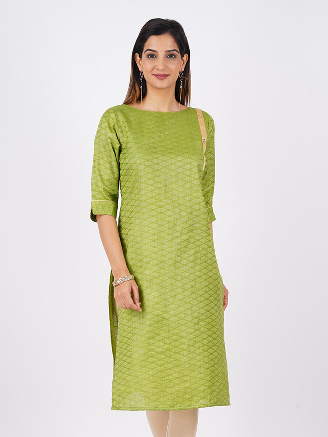 BAESD Self Design Jute Cotton Jacquard Straight Kurta, Green