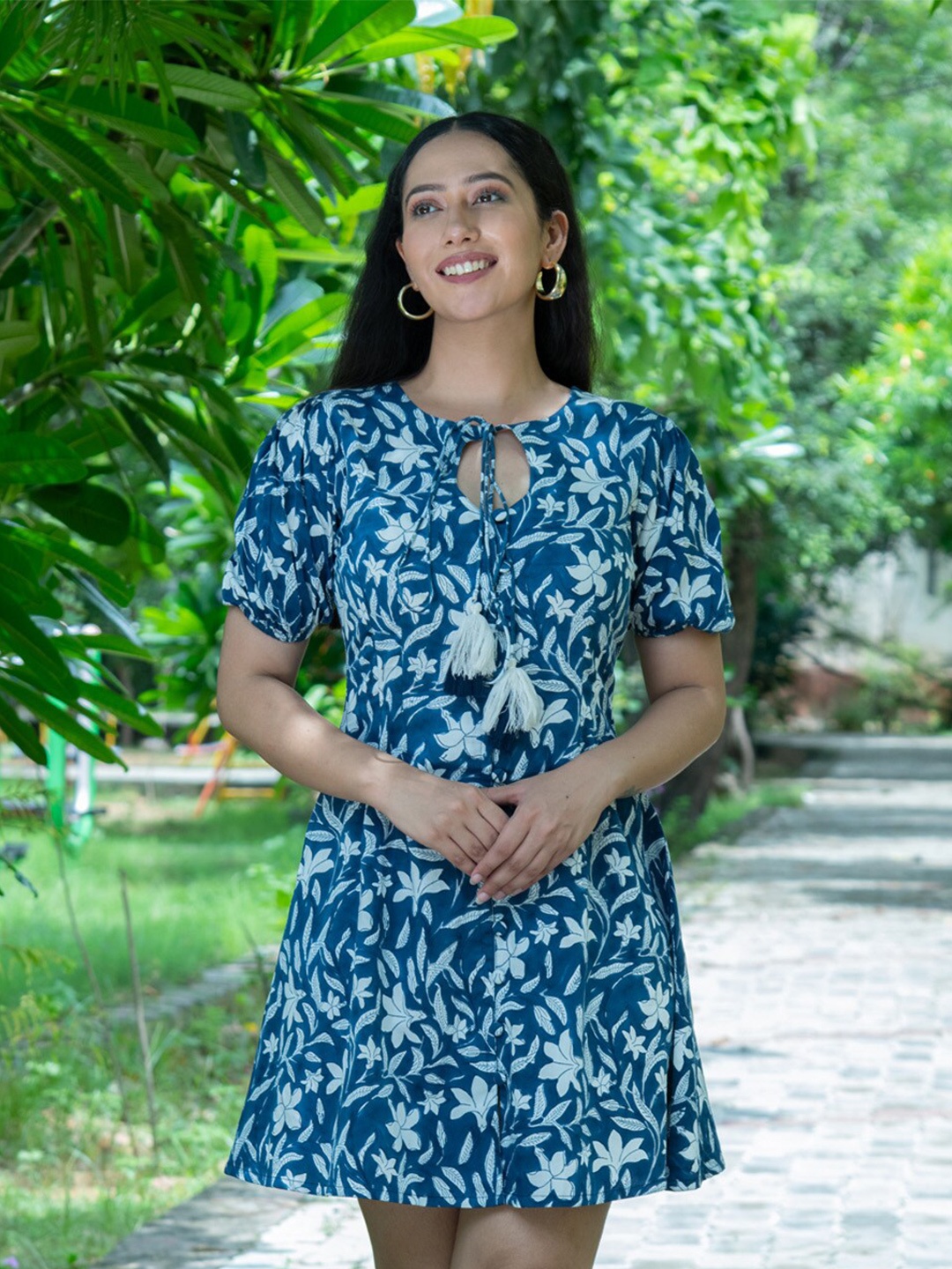 mulmul.com Floral Printed Puffed Sleeve Cotton A-Line Dress, Blue