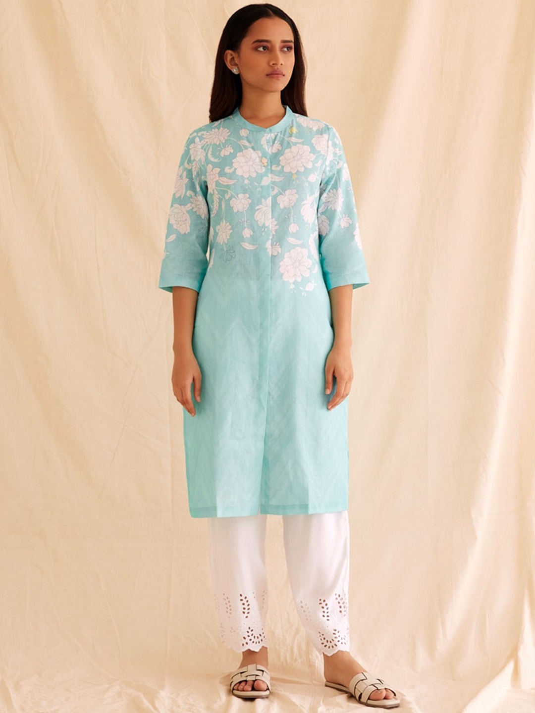 Bombay Bloom Floral Printed Mandarin Collar Linen Straight Kurta, Blue