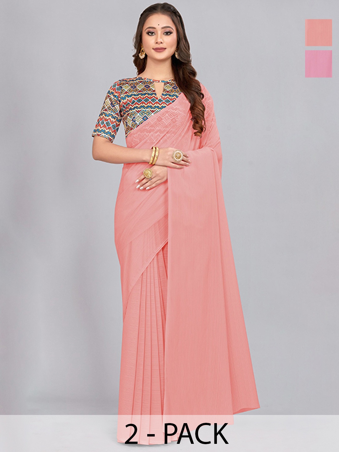 CastilloFab Selection of 2 Pure Chiffon Sarees, Pink