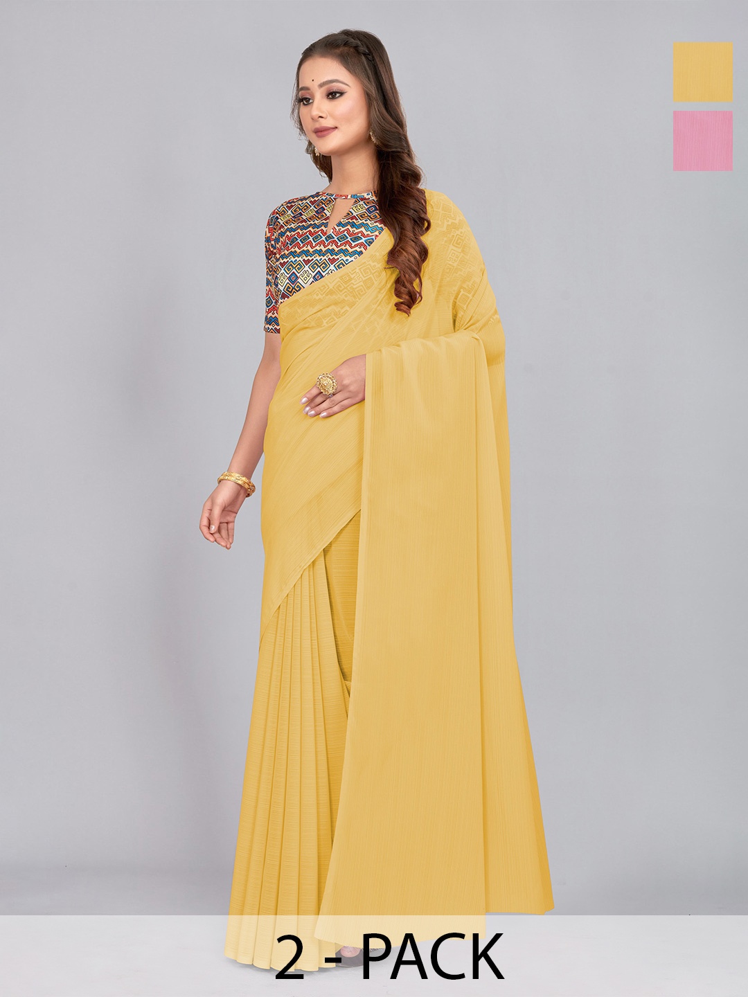 CastilloFab Selection of 2 Pure Chiffon Saree, Yellow