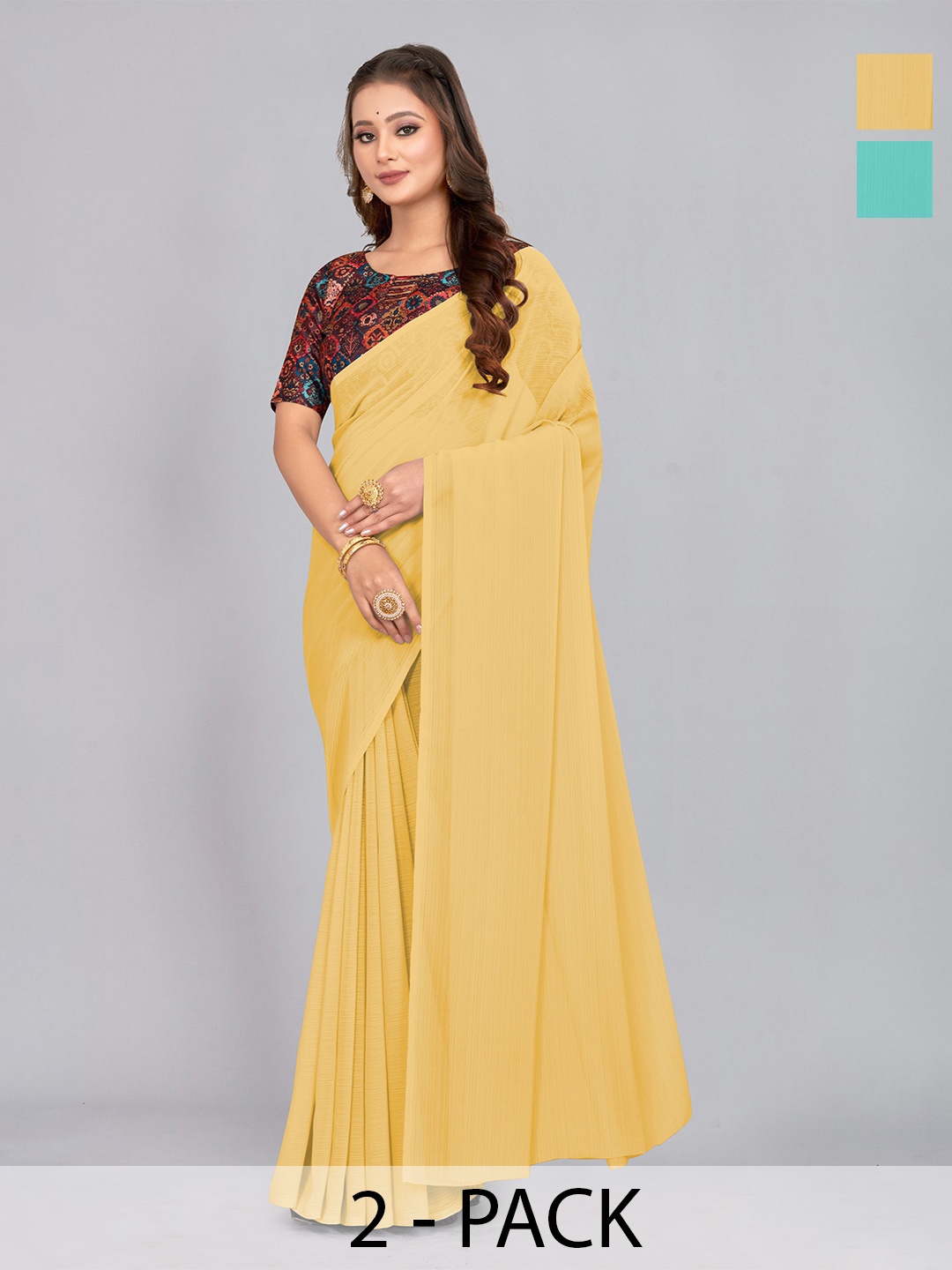 CastilloFab Pack of 2 Pure Chiffon Saree, Yellow