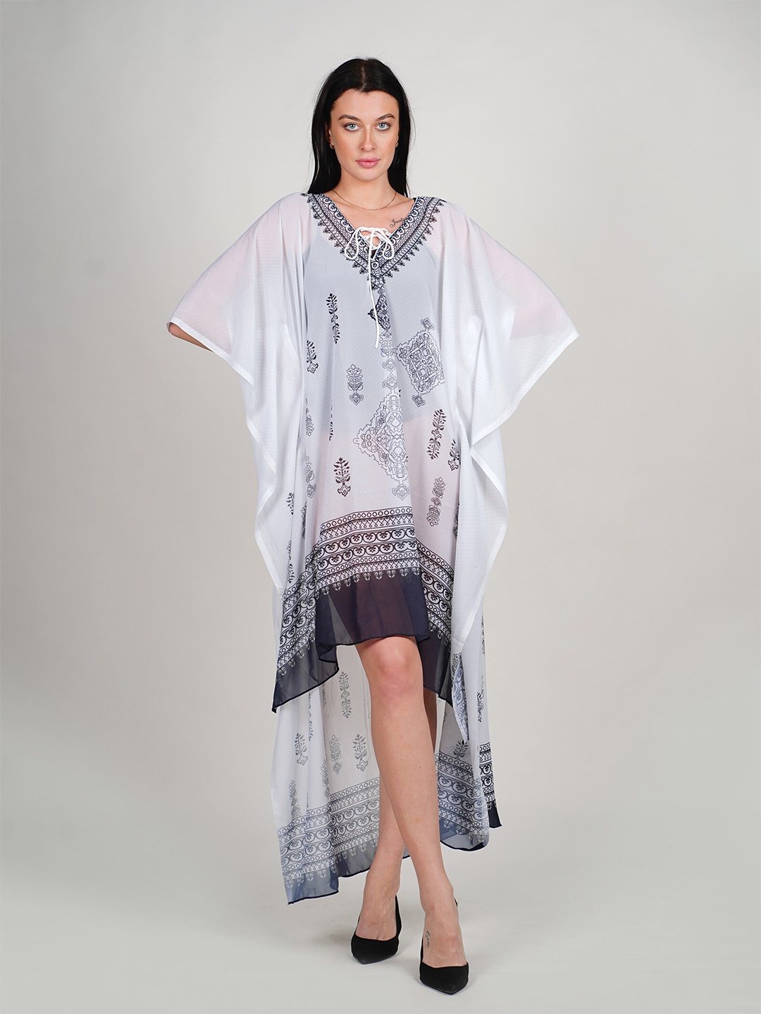 Rajoria Instyle V Neck Ethnic Printed Short Kimono Sleeve Georgette Kaftan Maxi Dress, White