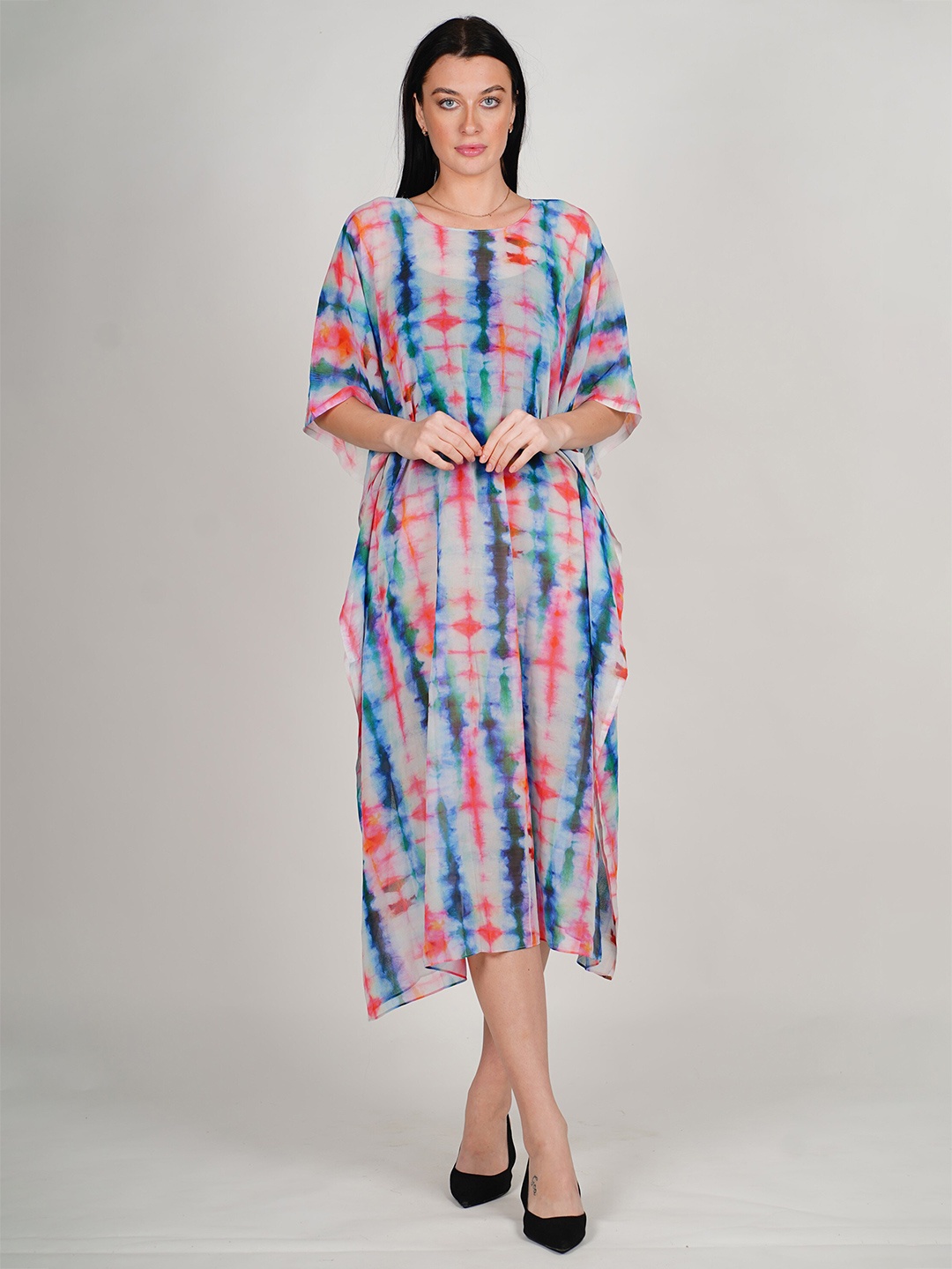 Rajoria Instyle Tie and Dye Checked Georgette A-Line Midi Dress, Multi