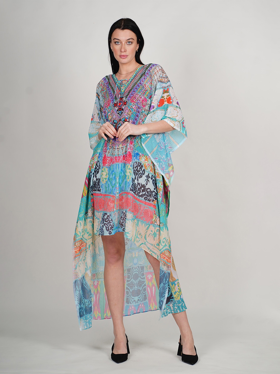 Rajoria Instyle Printed Kimono Sleeves Georgette Kaftan Dress, Blue