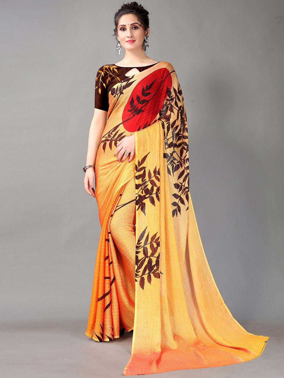 Shaily Floral Printed Satin Saree, Orange