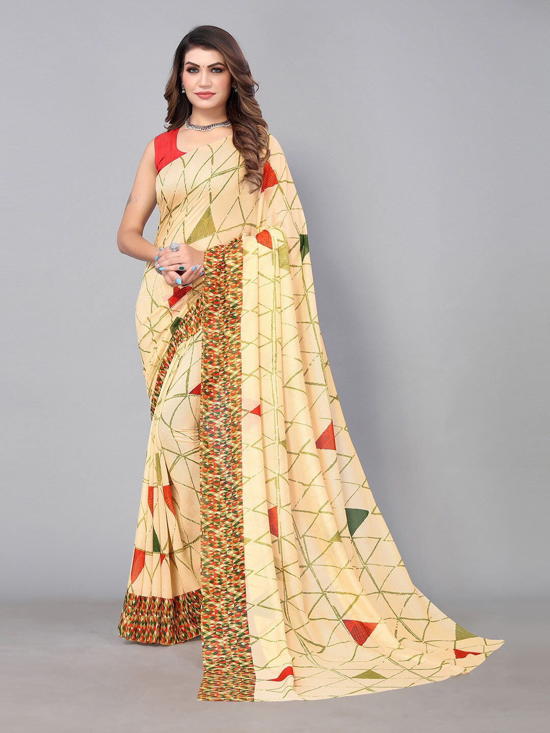 Shaily Geometric Printed Saree, Cream