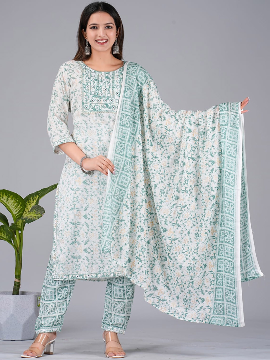 Kamayra Round Neck Floral Yoke Design Gotta Patti Straight Kurta with Trousers & Dupatta, Sea green
Kamayra Round Neck Floral Yoke Design Gotta Patti Straight Kurta with Trousers & Dupatta, Sea green