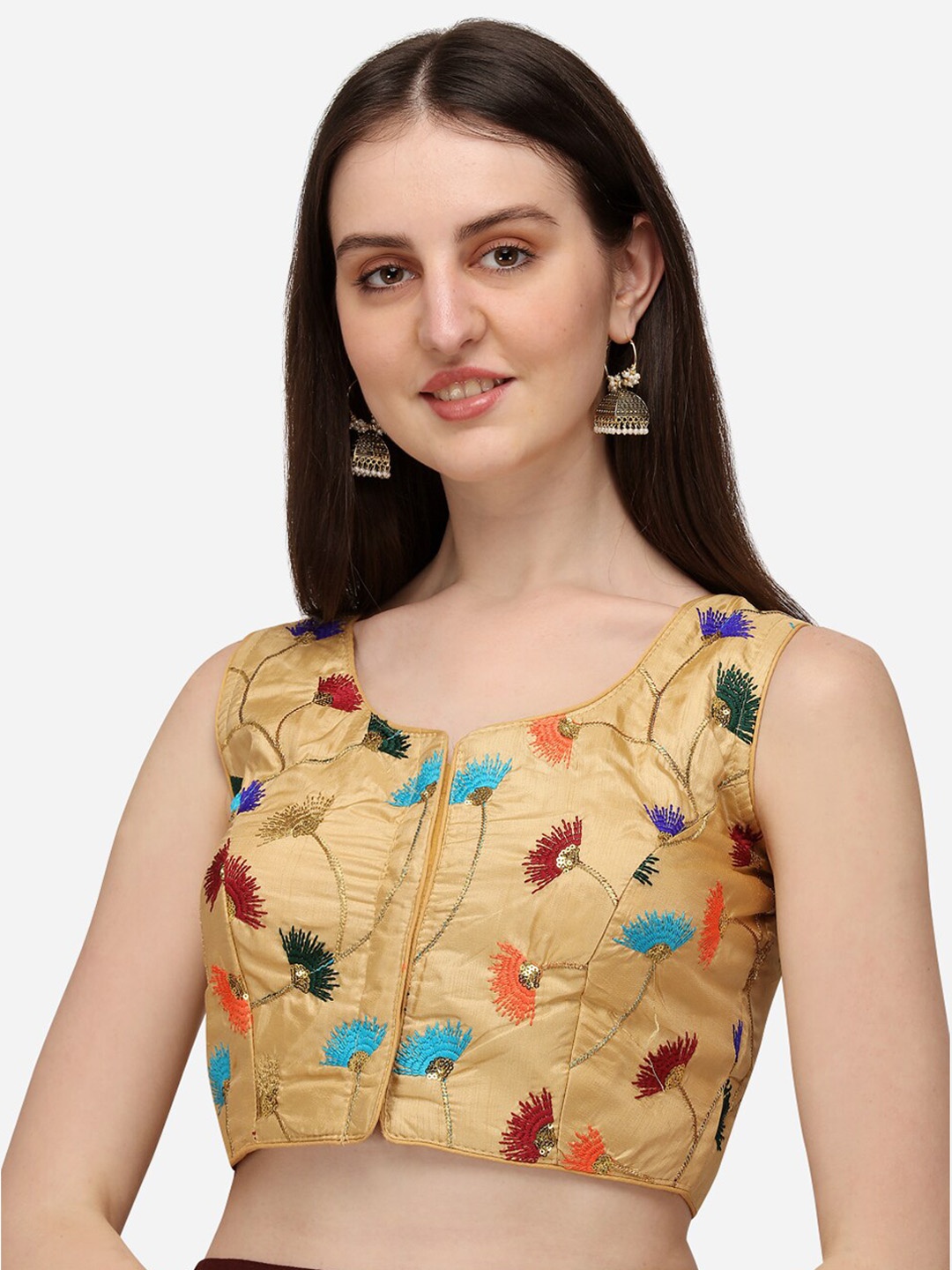Bhavyam Floral Embroidered Sequined Cotton Satin Blouse, Beige