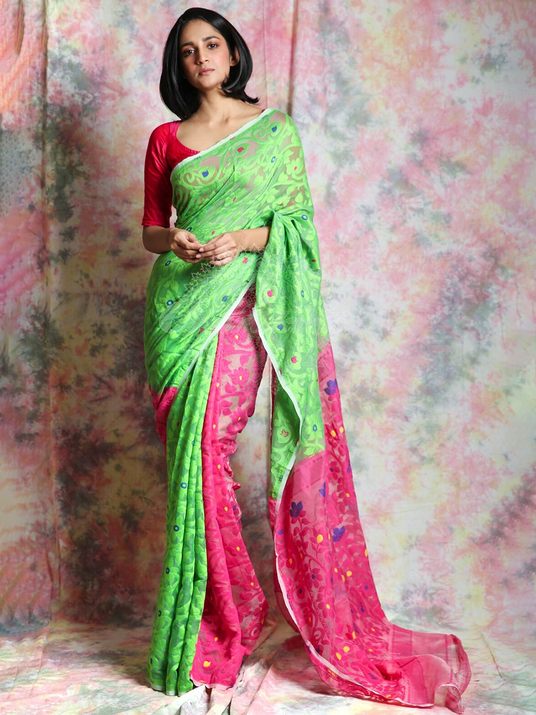 Charukriti Floral Woven Design Silk Cotton Half and Half Jamdani Saree, Green
Charukriti Floral Woven Design Silk Cotton Half and Half Jamdani Saree, Green