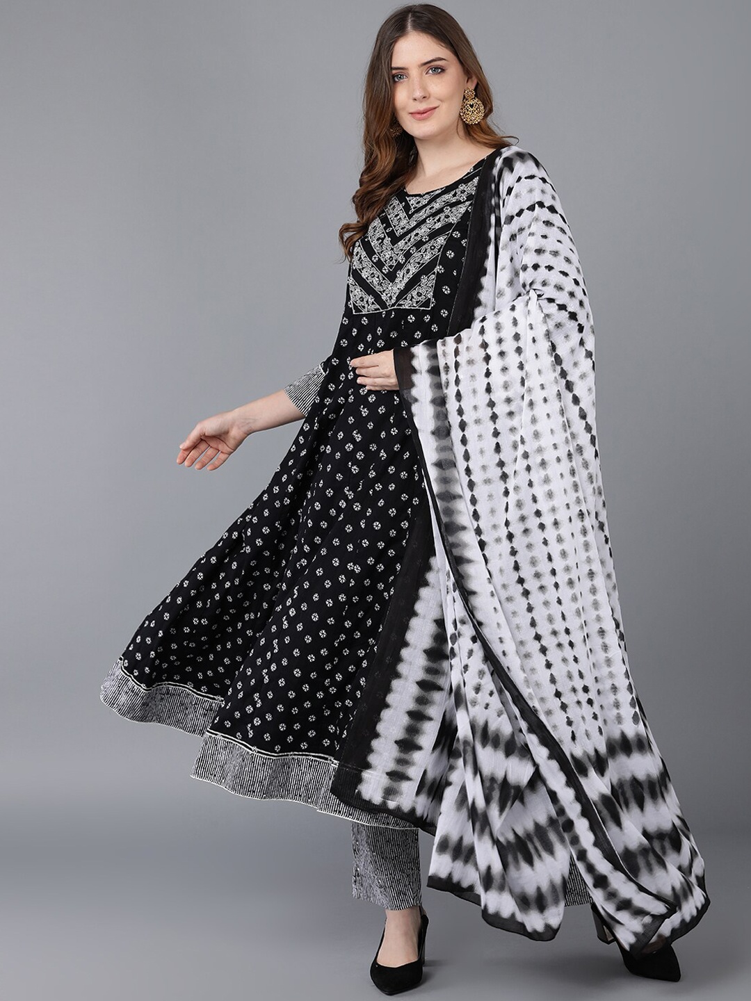 KALINI Bandhani Printed Thread Work Pure Cotton Anarkali Kurta With Trouser & Dupatta, Black
KALINI Bandhani Printed Thread Work Pure Cotton Anarkali Kurta With Trouser & Dupatta, Black
