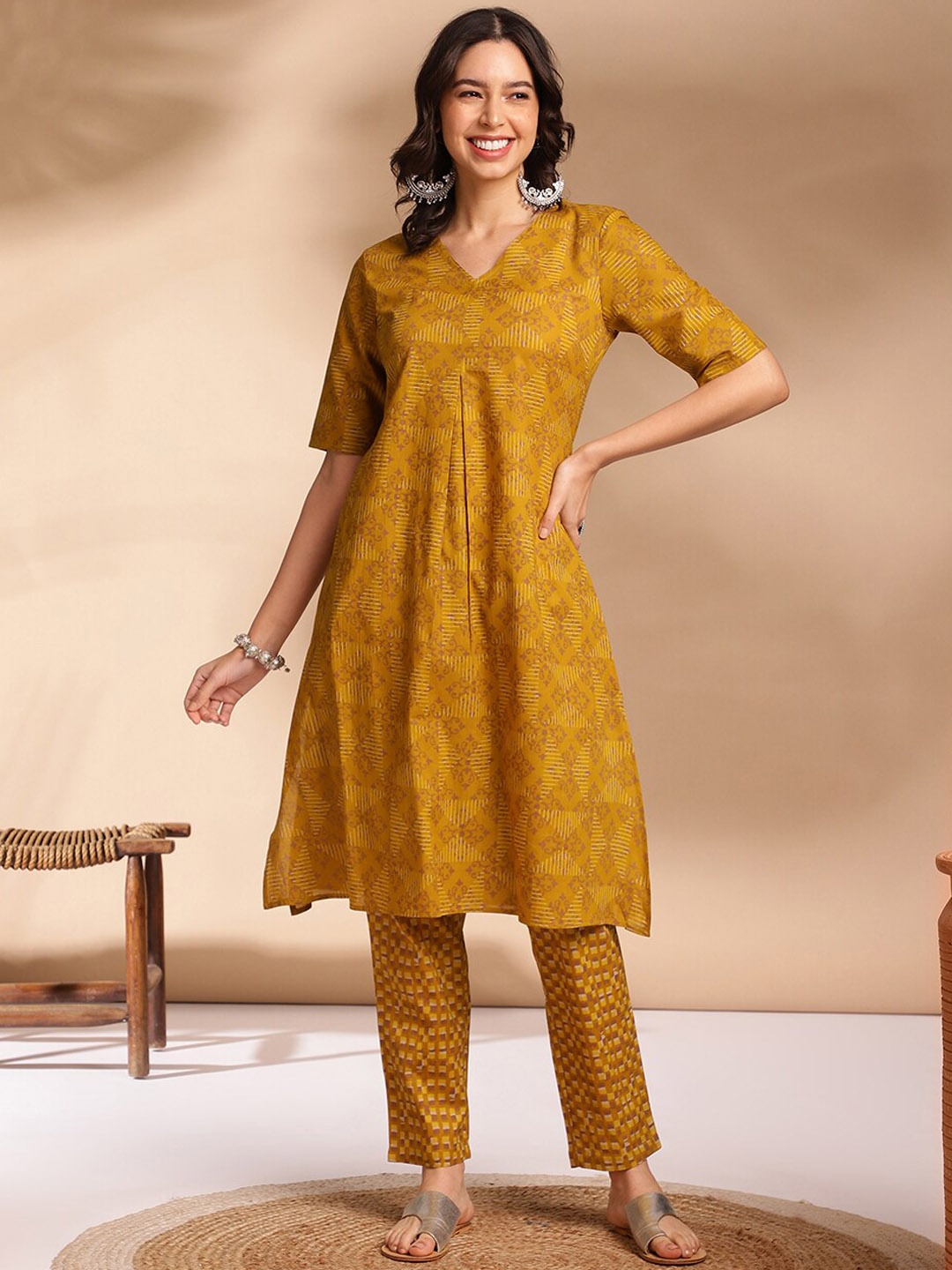 Anouk Abstract Printed Pleated V-Neck Three-Quarter Sleeves Pure Cotton Kurta Set, Mustard
Anouk Abstract Printed Pleated V-Neck Three-Quarter Sleeves Pure Cotton Kurta Set, Mustard