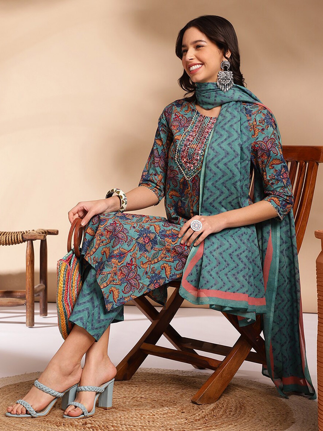 Anouk Ethinc Motif Embroidered Mirror Work Pure Cotton Kurta with Trousers & Dupatta, Teal
Anouk Ethinc Motif Embroidered Mirror Work Pure Cotton Kurta with Trousers & Dupatta, Teal